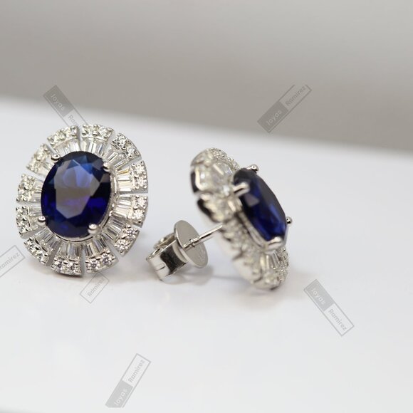 .925 Sterling Silver Oval Earrings with Sapphire-Tone CZ. - Picture 3 of 8